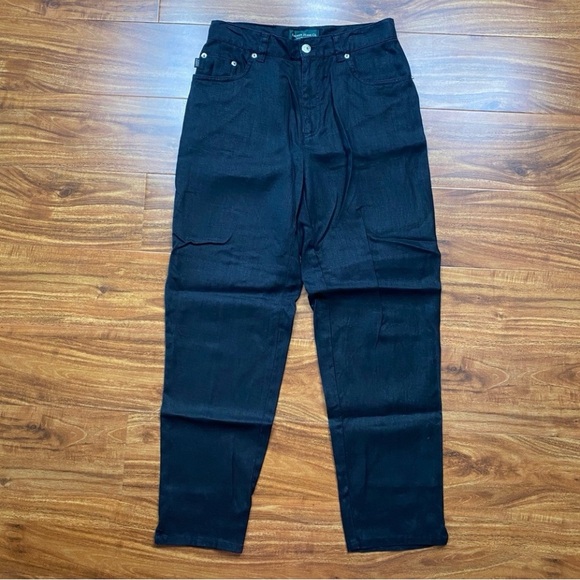 Lauren Ralph Lauren Black 100% Linen High Waist Straight Crop Pant Size 4P Retro - Picture 1 of 13